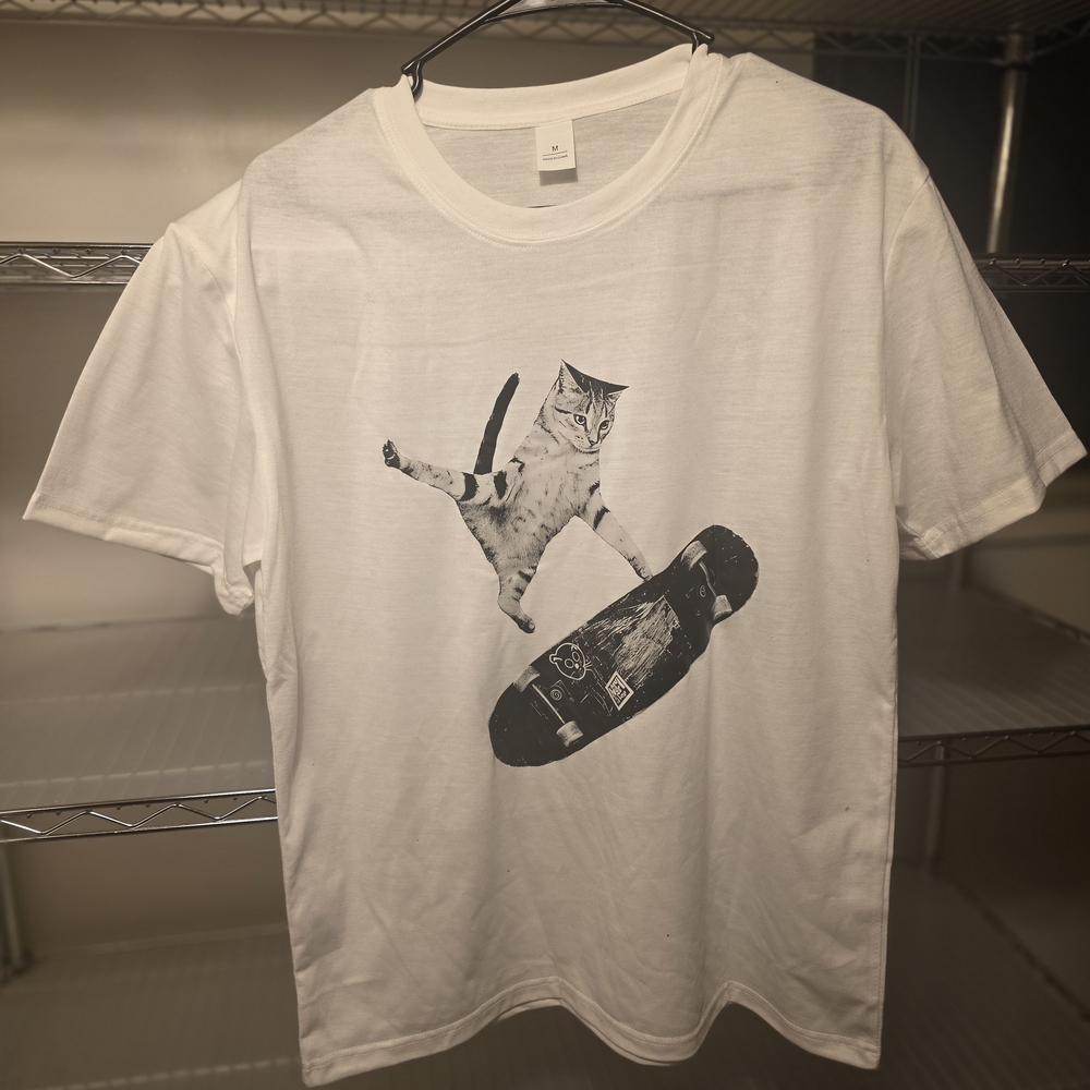 White T-Shirt with Cat Skateboard Print